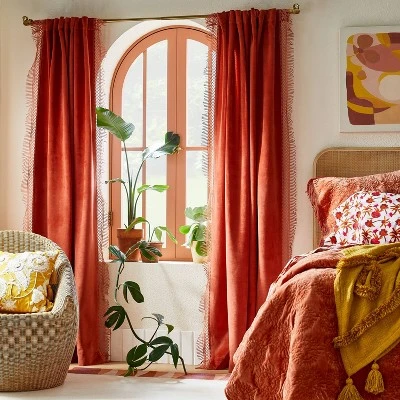 1pc Light Filtering Velvet Macrame Trim Window Curtain Panel Burnt Orange - Opalhouse™ Designed With Jungalow™ 3 1pc Light Filtering Velvet Macrame Trim Window Curtain Panel Burnt Orange - Opalhouse™ Designed With Jungalow™